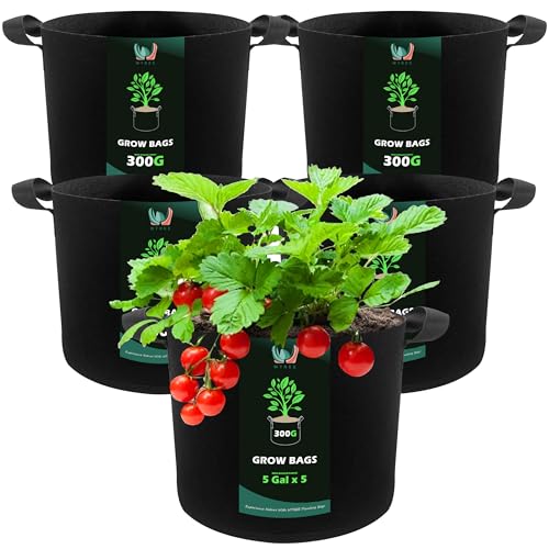 WTREE 5-Pack 5 Gallons Grow Bags - Heavy Duty 300G Thickened Aeration Nonwoven Fabric Pots with Handles - Ideal Cloth Pots for Plants - Planters Accessories, Garden Vegetables Supplies