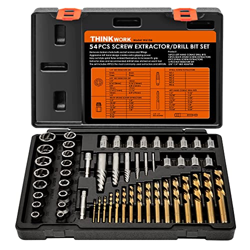 THINKWORK Broken Bolt Extractor Kit, 54 Pieces Easy Out Screw Extractor Set, Lug Nut Removal Tool with Left Hand Drill Bit Set for Removing Damaged, Frozen, Rusted, Rounded-Off Bolts, Nuts & Screws