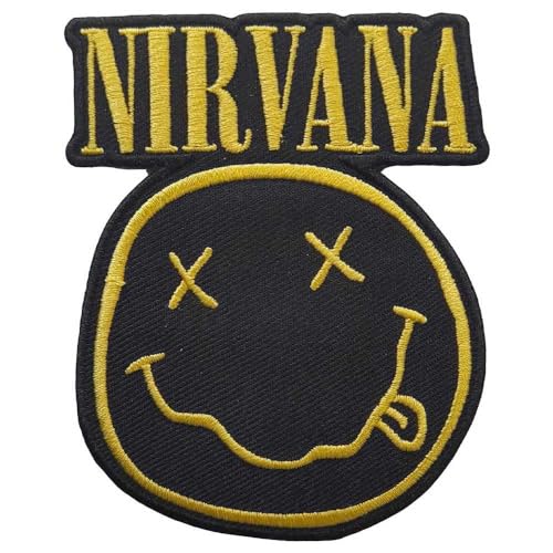 Nirvana Patch Band Logo and Smiley Official Black Woven Iron On 105 X 45Mm