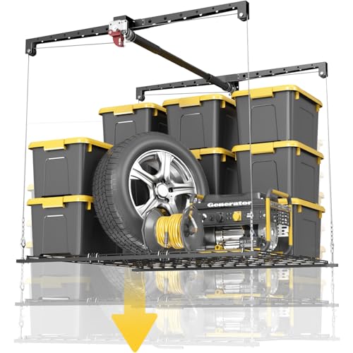KOKORACKER Overhead Garage Storage Rack, 4x4 Ft Adjustable Garage Ceiling Storage Lift, Heavy-Duty Ceiling Mounted Storage Lift System for Garage Organization, 250lbs Weight Capacity