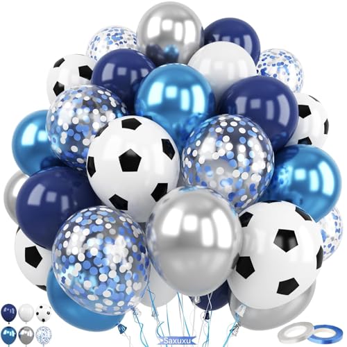 Soccer Balloons, 60Pcs 12 Inch Metallic Blue Silver White Confetti Soccer Party Latex Balloons for Kids Boy Soccer Birthday Sport Party Decorations Sports Baby Shower Graduation Party Supplies
