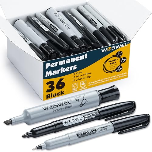 Woswel Permanent Markers 36 Variety Pack Bulk,Featuring Ultra-Fine,Chisel Tip,And Fine Tip Marker Set,Writing And Poster Black Markers,Works on Plastic,Wood,Stone,Metal and Glass for Doodling, Marking
