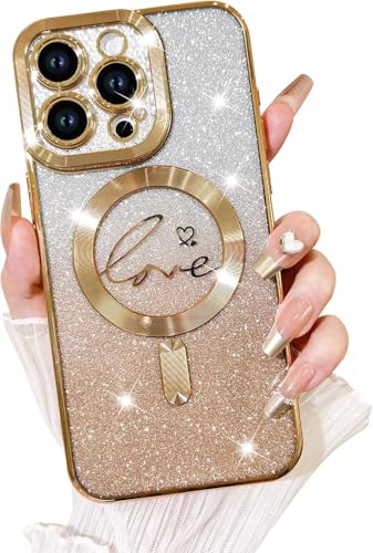 Fiyart Compatible with iPhone 13 Pro Max Case Phone Bumper Gold | Compatible with MagSafe, Love Heart, Plating, Camera Protection, Clear, Magnetic, Glitter, for Women Girls, Shockproof, 6.7"