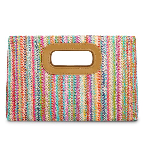 Top Handle Straw Clutch Handbags for Women, Summer Shoulder Crossbody Bag Raffia Evening Bag Woven Clutch for Beach, Travel, Parties, Colorful