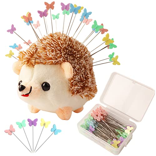 CICILIAYA Hedgehog Shape Pin Cushion, Cute Pincushions Sewing Kit Lovely Needle Cushions Pins Holder Sewing Accessories Supplies with 100Pcs Colored Butterfly Pins for Quilting DIY Crafts Patchwork