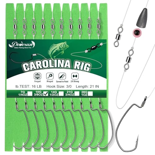 Dovesun 10PCS Ready Tied Carolina Rig Kit for Bass Fishing Catfish Rig Catfish Hook Kit with Bass Hooks Swivel, Fluorocarbon Line, Weights 3/8 OZ