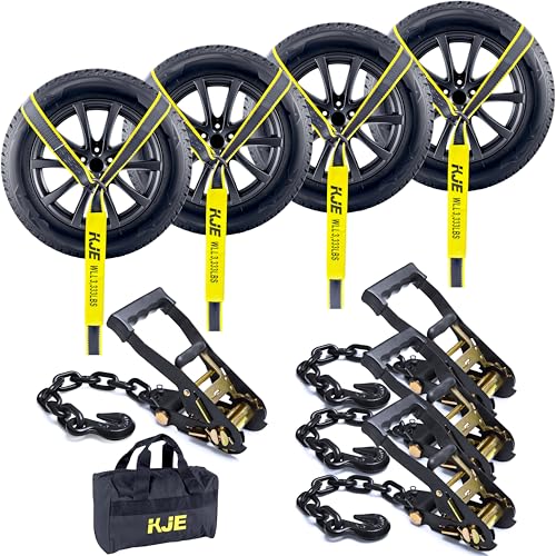 KJE 4 Pack Reflective Car Tie Down Straps for Trailers - Tire Ratchet Strap with Chain Anchors - 2" x 10' 10,000LBS Break Strength - Lasso Style Wheel Straps for Hauling UTV, SUV, Truck, Any Cars