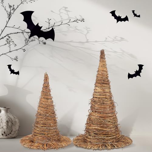 Leinuosen 2 Pcs Halloween Rattan Witch Hat Decor with String Lights Wicker Wizard Hats Woven Witch Hat for Indoor Outdoor Halloween Party Supplies Home Bedroom Garden Patio Backyard Porch Decorations