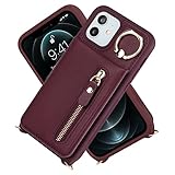 DEYHU for iPhone 12 Case with Card Holder for Women,for iPhone 12 pro case with Strap Credit Card Holders Crossbody with Kickstand Zipper Case for iPhone12/12pro - Red Wine