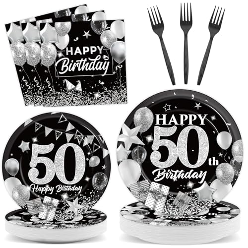 OBUSATT 96PCS 50th Birthday Party Supplies Black and White Silver 50th Happy Birthday Paper Plates Napkins 50th Party Decorations 50 Years Old Dinnerware Party Favor Men Women Tableware Serves 24