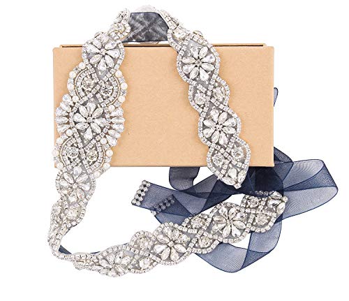 WEZTEZ Wedding Belt with Rhinestones Beads Sash Organza Bridal Belt for Wedding Gown Rose Gold Plus Size (Sliver-Organza navy)