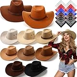 Coume 10 Set Cowboy Hat and Bandana for Women Men 10 Cowgirl Cowboy Hat Bulk 10 Western Bandanas for Adult Costume Party(Multicolored,Vintage Style)