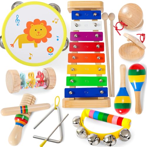 Toddler Musical Instruments - Xylophone for Toddlers 1-3 Easter Gifts,Wooden Rainbow Colors Kids Musical Instruments Include Tambourine for Kids as Baby Girls Boys Birthday Gifts