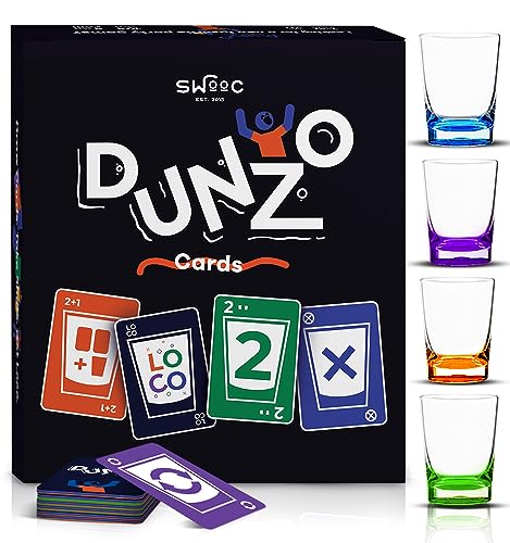 DUNZO® - Party Version of Classic Card Game with 4 Unbreakable Glasses - Draw Two, Skip, Reverse, Get Hydrated - Fun Party Game & Funny Gifts - Adult Games for Game Night - Adult Party Games