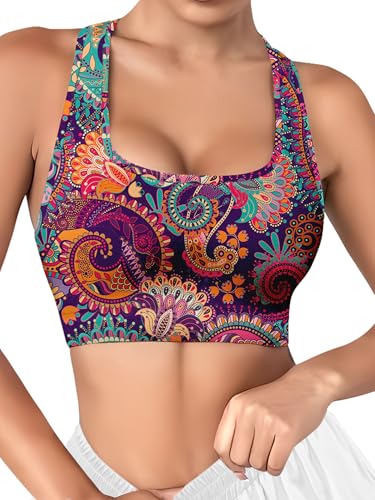 PAGYMO Paisley Sports Bras for Women Flower Cute Crazy Printed Colorful Funny Running Workout Bra, X-Large, WSB-030851