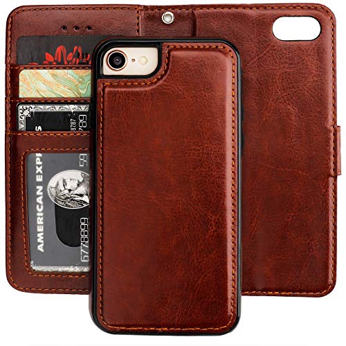 Bocasal for iPhone SE (2022)/SE (2020)/8/7 Wallet Case with Card Holder PU Leather Magnetic Detachable Kickstand Shockproof Wrist Strap Removable Flip Cover for iPhone 7/8/SE2/SE3 4.7 inch (Brown)