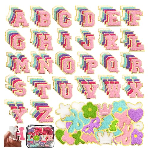 200PCS Self-Adhesive Chenille Patches, Gold Edged Alphabet Letters & 70 Shapes for Clothing, Jackets, Bags - No Sew DIY Crafts (Flower, Star, Heart, Multicolor) (200)