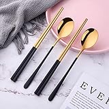 Reusable Korean Chopstick and Spoon Set, Long Handle Stainless Steel Spoon and Chopsticks Set, 4 Sets Metal Chopsticks Dishwasher Safe, Black Gold.