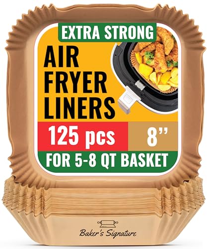 Air Fryer Paper Liners, 125Pcs Air Fryer Disposable Liners, Non-Stick and Oil Proof for Easy Cleanup, 8” Square for 5-8 qt Basket by Baker's Signature