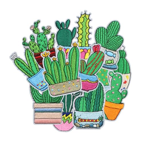 HEYTRCO 12PCS Cactus Iron on Patches, Cartoon Cute Green Bonsai Cactus Embroidered Repair Patches for Clothes, Custom Applique for Hats, Jeans, Jackets, Bags, Backpacks, Dress, Shoes