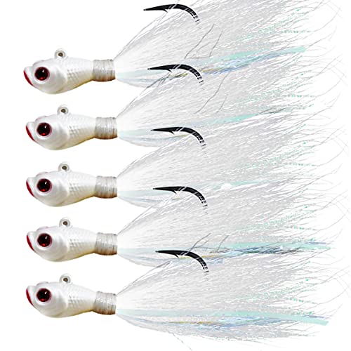 kmucutie 5 pcs Deer Tail Hair bucktail Jigs Saltwater or Freshwater Bait,for bass flounder fluke Striper Fishing Lure (All White Color, 1 OZ)