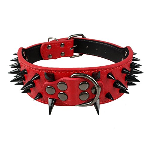 Berry Pet Sharp Spiked Studded Dog Collar - Stylish Leather Dog Collars - 2 Inch in Width Fit for Medium & Large Dogs - Such as Pitbull Mastiff - Black Rivets & Red Leather,17-20"