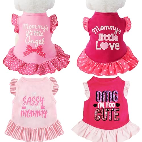 XPUDAC 4 Pieces Pet Dog Dress Dog Clothes Girl Puppy Shirt Yorkie Clothes Cute Doggie Dress Pet Apparel for Small Dogs and Cats (Pink Angel, Small(4.5-8lbs))