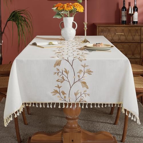 Laolitou Cotton Linen Waterproof Tablecloth for Dining Table Farmhouse Kitchen Rectangle Table Cloth Coffee Wrinkle Free Tables Cover, Beige, Coffee Flower, 55x86 Inch