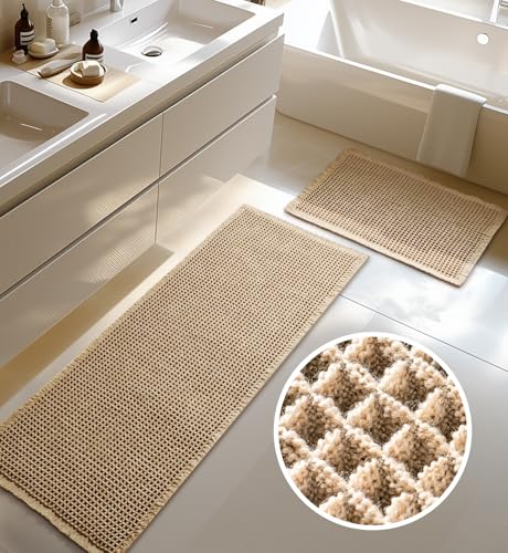 Furicher Large Waffle Bath Mat Set, Non Slip Bathroom Mat Set, Ultra Absorbent Bath Mats for Bathroom Decor, Extra Soft Floor Bathroom Rugs Sets 2 Piece, Washable Bath Rugs (20"×47" and 16"×24")