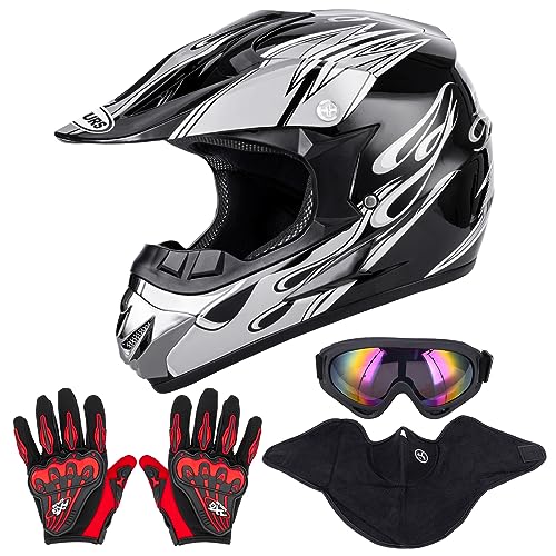 OUMURS Adult ATV Dirt Bike Helmet with Goggles Gloves & Mask Adjustable Sun Visor Motorcycle Adults Helmet Off-Road Motocross Downhill Moped MX for Unisex-Adult-New Black Flame, M