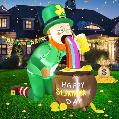 Boveco St. Patricks Day 5FT Leprechaun Inflatables Outdoor Yard Decorations Holding Beer Pot of Gold Blow Up Led Lights Saint Irish Lawn Indoor Holiday Décor