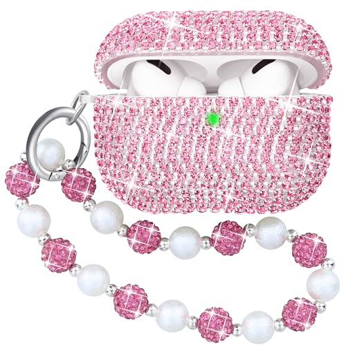 Ucharmbead Compatible with AirPods Pro 2nd Generation Case Bling Glitter Diamond Cover for AirPod Pro 2 with Sparkly Charm Lanyard for Girls Rose Pink