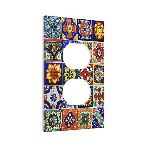 Traditional Colorful Talavera Mexican Spanish Moroccan Tiles 1 Gang Duplex Receptacle Switch Wall Plate Decorative Switchplate Outlet Covers Electrical Plug Cover Faceplate for Home Decor