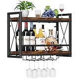 Homeiju Wall Mounted Wine Rack, Bottle & Glass Holder Wood-Metal Retro Wine Rack, Wine Bottles Display Wall Storage for Kitchen Dining Room Home Bar