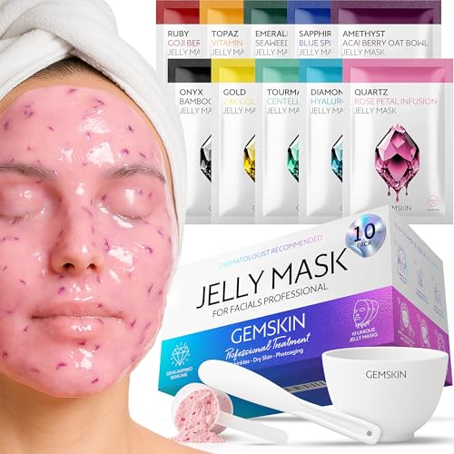 GEMSKIN Jelly Mask for Facials Peel-Off - 10 Set Pack Modeling Rubber Mask Multipack - Hydrating & Calming Jelly Face Mask Powder Variety Spa Kit - Bowl Scoop & Spatula Bundle - Professional Skincare