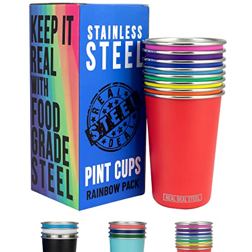 Real Deal Steel Rainbow Cups 16 oz Pint Cups, Stackable Tumblerrs, Eco Friendly Premium Metal Drinking Glasses