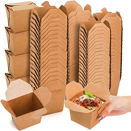 DEAYOU 100 Pack Chinese Take Out Boxes, 8 OZ Kraft Brown Paperboard To Go Containers, Leak and Grease Resistant Stackable Mini Food Pails for Meal, Restaurants, Party, Microwaveable