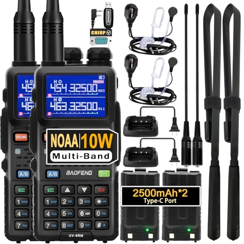 BAOFENG UV-5RM 10W Ham Handheld Radio Long Range with Tactical Antenna, Portable Two Way Walkie Talkies for Adults 5RM Multi-Band Radio with Air Duct Earpiece & 2500mAh Type-C Battery, 2 Pack