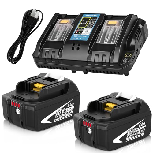 2Packs 6000mAh BL1860B 18 Volt Battery and DC18RD Dual Port Charger Compatible with Makita 18V Battery Lithium BL1815 BL1820 BL1830 BL1840 BL1850 BL1850B BL1860 LXT-400 with LED Indicator (White)