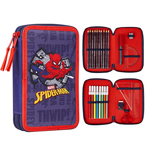 Marvel Pencil Case with Stationery Included School Supplies Filled Large Pencil Case Multiple Compartments Colouring Pencils Pens Boys Stationery Set Gifts for Boys (Spiderman Double Zip)