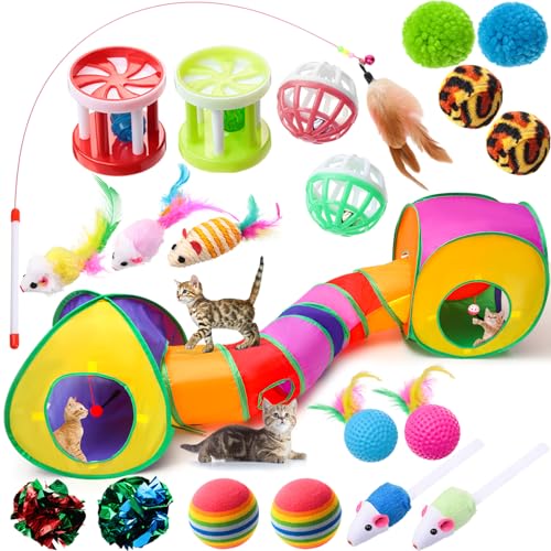 VercanMonth 21 Pcs Cat Tunnels for Indoor Set, 3 In1 Collapsible Cat Tunnel Toy with Cube Tent Toys Combo and 20 Pcs Interactive Kitty Toys Feather Toy Fluffy Mouse Crinkle Balls for Kitten Puppy