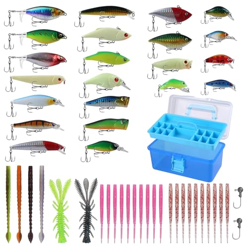 52 Pcs Fishing Lures Kit with 1 Tackle Box,Whopper Fishing Lure Plopper,Hard Baits&Soft Lures for Freshwater and Saltwater,Trout Fishing,Bass Lures, Fishing Gifts for Men