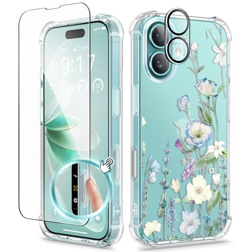 GVIEWIN for iPhone 16 Case, with Screen Protector & Camera Lens Protector, Floral Shockproof Protective Bumper Slim Soft Clear Phone Cover for Women 2024 6.1" (Aquilegia/White)