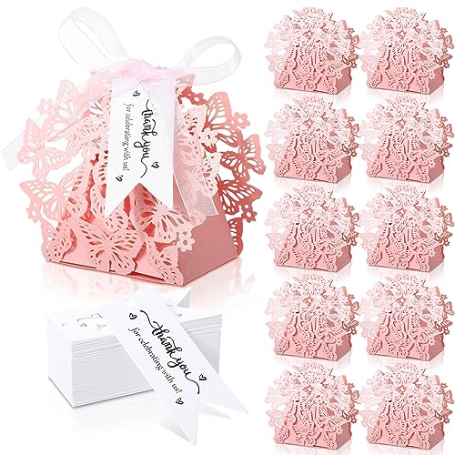 Cholemy 100 Pack Butterfly Baby Shower Favors Small Butterfly Favor Boxes Butterfly Gift Box Wedding Candy Boxes with Thank You Card and Ribbon for Guests Wedding Bridal Shower Birthday Party