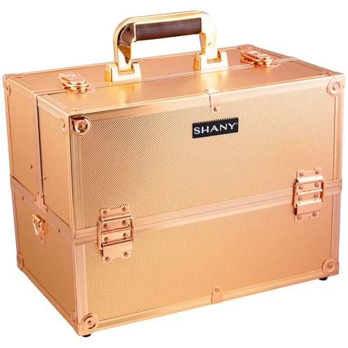 SHANY Essential Pro Makeup Train Case Cosmetic Box Portable Makeup Case Cosmetics Beauty Organizer Jewelry storage with Locks, Multi Compartments Makeup Box and Shoulder Strap - Rose Gold