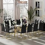 Modern Luxury Dining Table Set for 12, 87'' Clear Rectangle Glass Top Dinner Set, 13 Pcs Minimalist Oval Kitchen Table Set, Black PU Faux Leather Dining Chairs, for Living Room Large Apartment (Gold)