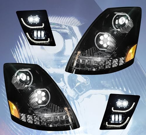 QSC Truck Parts Full LED Performance Black Headlights w/Sequential Turn Signals + LED Fog Light LH RH Set Compatible with Volvo VNL 04-17