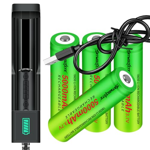 4 Pack 18650 Rechargeable Battery W￵i￵th Charger, Universal 18650 Battery Charger Single-Slot for 3.7V Li-ion Rechargeable Battery(Button Top Type)