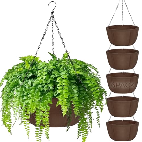 T4U 12 Inch Hanging Planters for Outdoor Plants, 6 Pack Hanging Pots for Plants Outdoor with Rustproof Chain, Fabric Outdoor Hanging Baskets for Plants, Balcony Porch Deco, Brown