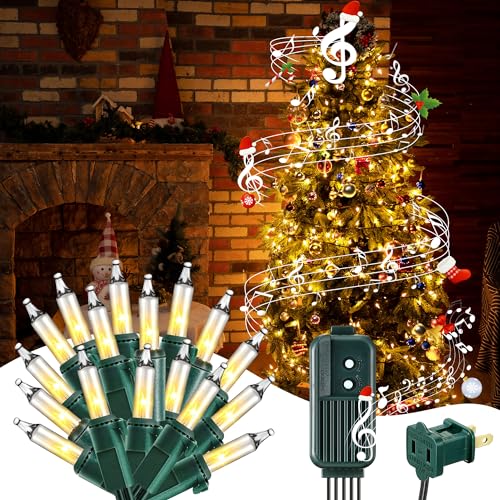 Enhon 280 Bulbs 65ft Musical Christmas Lights, Christmas Xmas Tree Music Lights with 25 Classical Holiday Songs, 7 Function Mode, Adjustable Volume and Mute, Green Wire for Xmas Tree (Warm White)